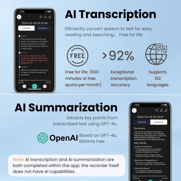 AI-Powered Voice Recorder and Call Recorder with Speech-to-Text & Summarization, Supports 100 Languages, 64GB Storage - Image 4